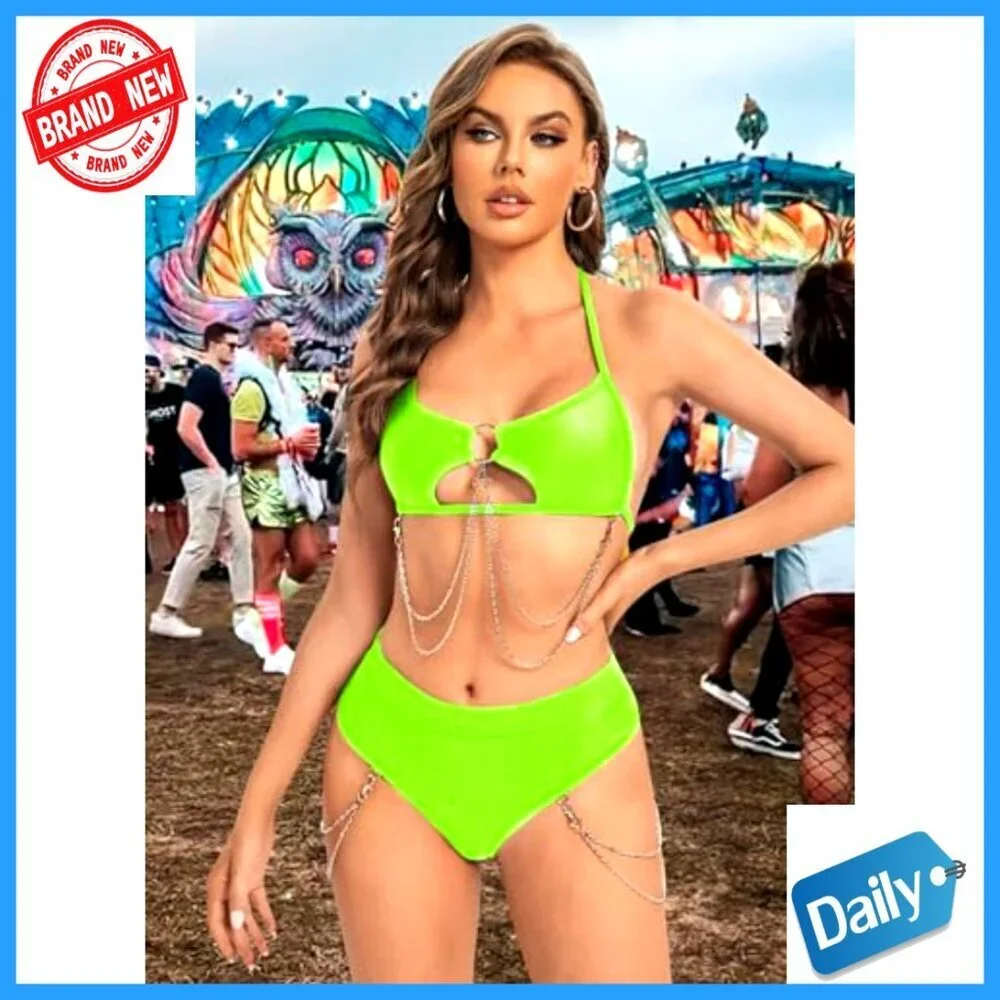 Sexy Underboob Bikini Top High-Cut Bottom Rave Festival Outfit Silver Chain